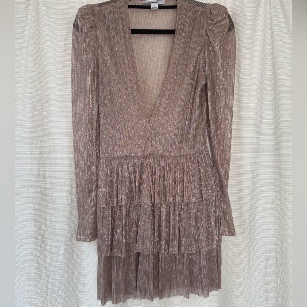Sabina Musayev Shimmering Long Sleeve mini Dress in blush